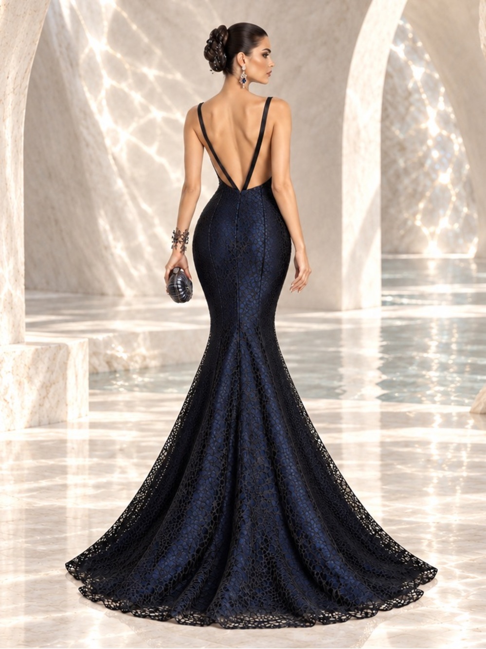 Monique Lhuillier Dark Mermaid Lace Gown Open Back Train Sz 6 - Picture 2 of 16
